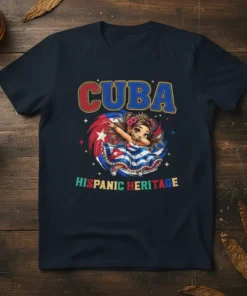 Cuba Hispanic Heritage t-shirt design with a dabbing girl, Cuban flag, and colorful text