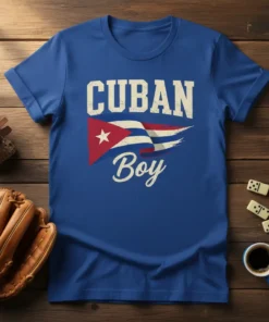 Cuban Boy T-Shirt with distressed Cuban flag graphic and bold white text "CUBAN BOY"