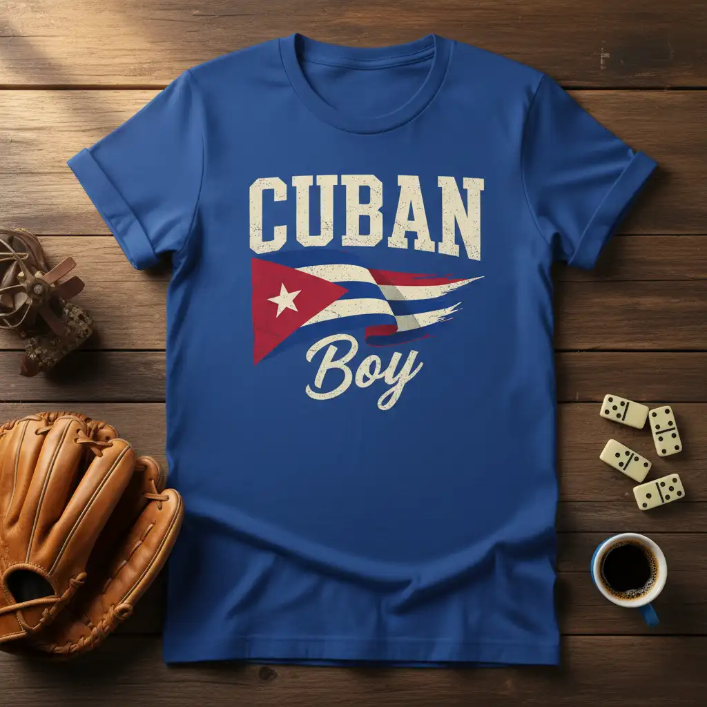 Cuban Boy t-shirt design featuring the Cuban flag and text celebrating Cuban heritage