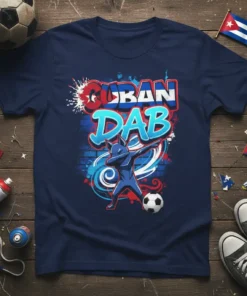 Cuban Dab t-shirt design with graffiti art, a character doing the dab, and a soccer ball