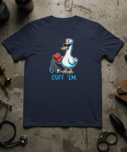 Funny duck nurse wearing sunglasses and a cap holding a blood pressure cuff, with the text CUFF 'EM. on a