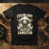 Culinary Gangster t-shirt design with a chef skull, crossed cleavers, and flames. Features bold typography for chefs and foodies