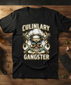 Culinary Gangster t-shirt design with a chef skull, crossed cleavers, and flames. Features bold typography for chefs and foodies