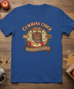 Cummins Cider All Natural Delightatly Juicy t-shirt design featuring an apple press, jars of cider, and apples