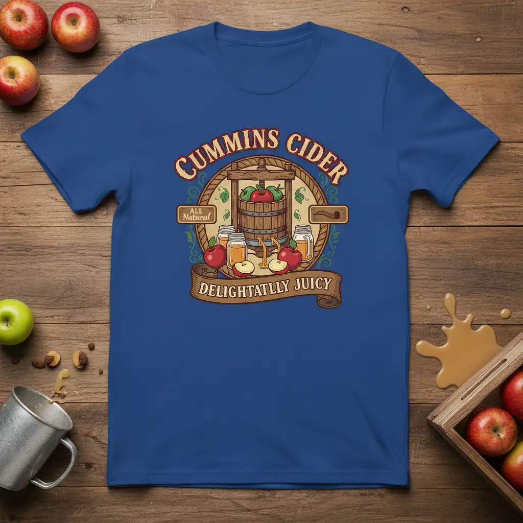 Cummins Cider All Natural Delightatly Juicy design with apple press and cider jars on a blue t-shirt