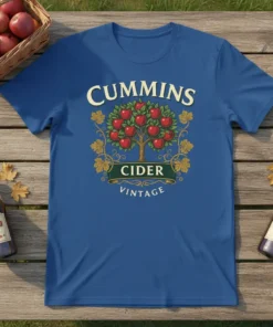 Cummins Cider Vintage design featuring an apple tree with ripe apples and decorative vines on a royal blue t-shirt
