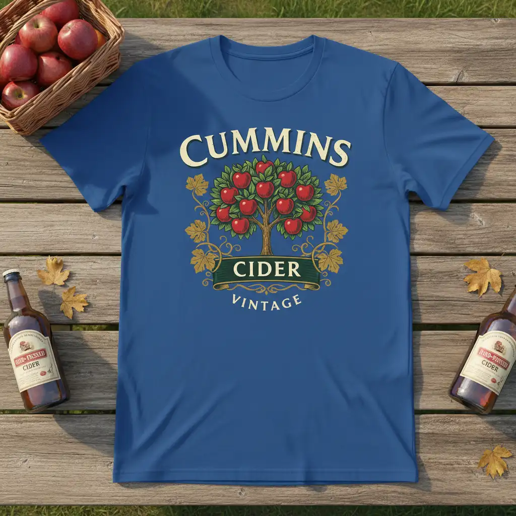 Cummins Cider Vintage design with apple tree and text on a blue t-shirt, ideal for cider enthusiasts
