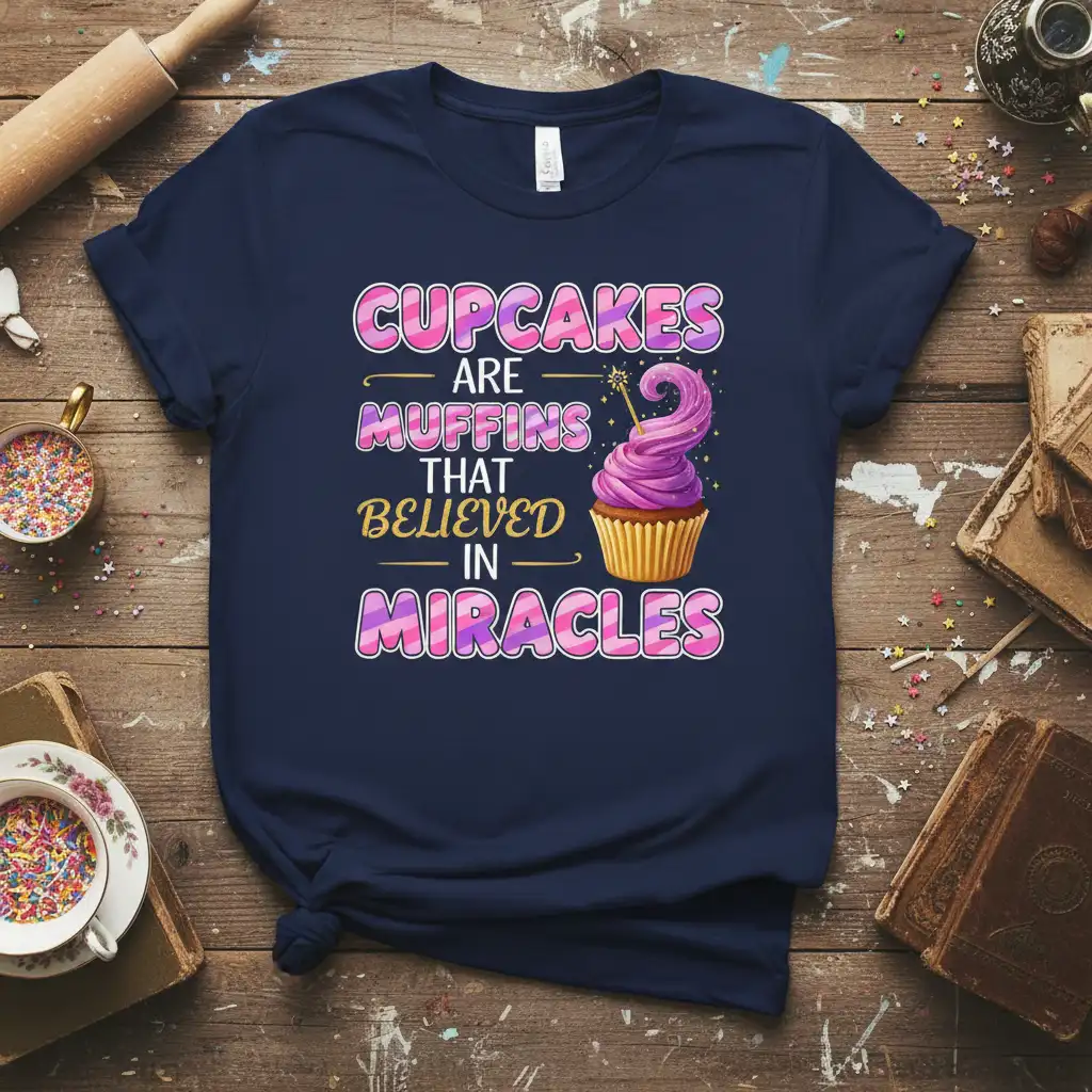 Cupcakes Are Muffins That Believed In Miracles quote with a whimsical cupcake graphic on a navy tee