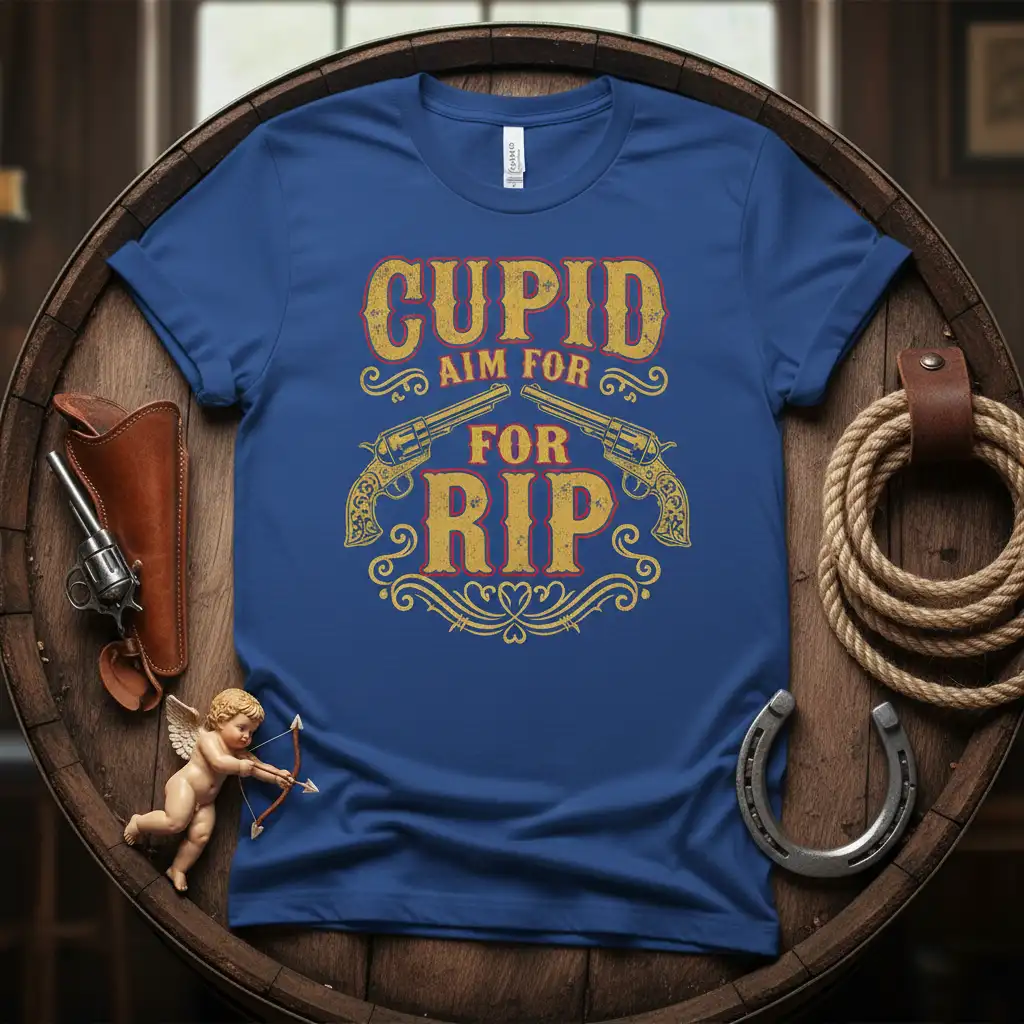 Western-themed Cupid Aim For Rip graphic tee with vintage revolvers and bold typography