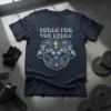 Curls For The Girls gym motivation t-shirt featuring a muscular torso holding a barbell and detailed gear graphics