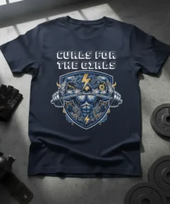 Curls For The Girls gym motivation t-shirt featuring a muscular torso holding a barbell and detailed gear graphics