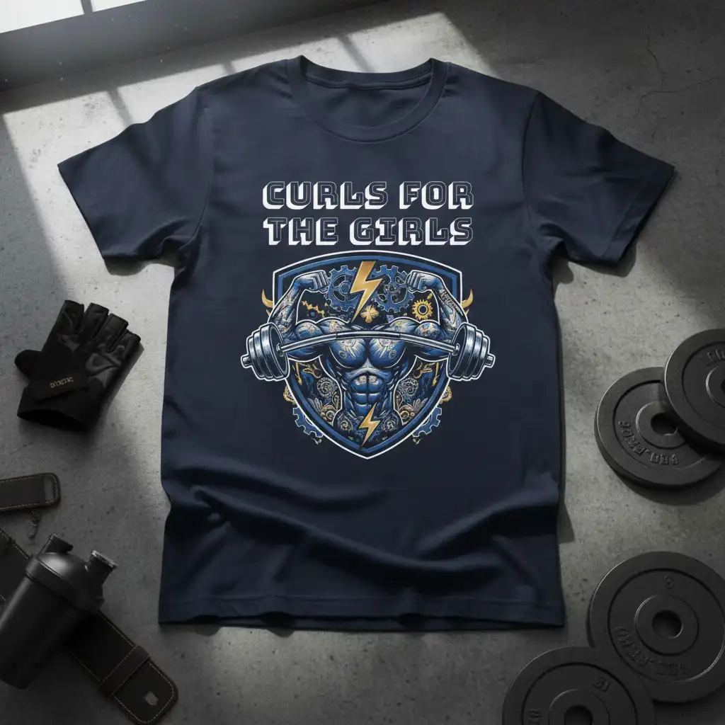 Curls For The Girls graphic t-shirt design with a muscular bodybuilder torso, barbell, and mechanical gears