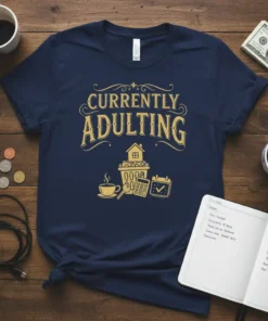 Currently Adulting funny quote t-shirt design with graphics of a trash can overflowing with adult responsibilities
