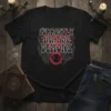 Black t-shirt with "Currently Fighting Demons" text in distressed white and red font, featuring gothic wings and a demon circle
