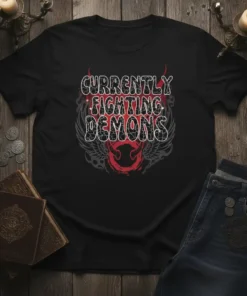 Black t-shirt with "Currently Fighting Demons" text in distressed white and red font, featuring gothic wings and a demon circle