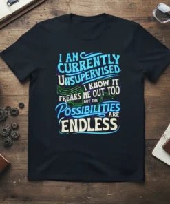I AM CURRENTLY UNSUPERVISED quote t-shirt design with bold typography and colorful accents, suggesting limitless potential