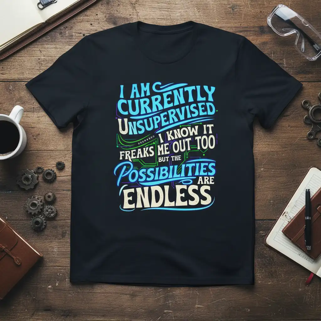 I AM CURRENTLY UNSUPERVISED quote t-shirt design featuring bold, colorful typography about endless possibilities