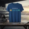 Blue t-shirt with "Currently on Airplane Mode" text and airplane graphic, featuring a toggle switch graphic