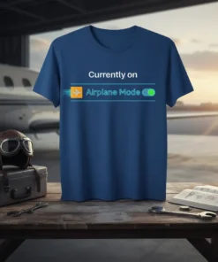 Blue t-shirt with "Currently on Airplane Mode" text and airplane graphic, featuring a toggle switch graphic