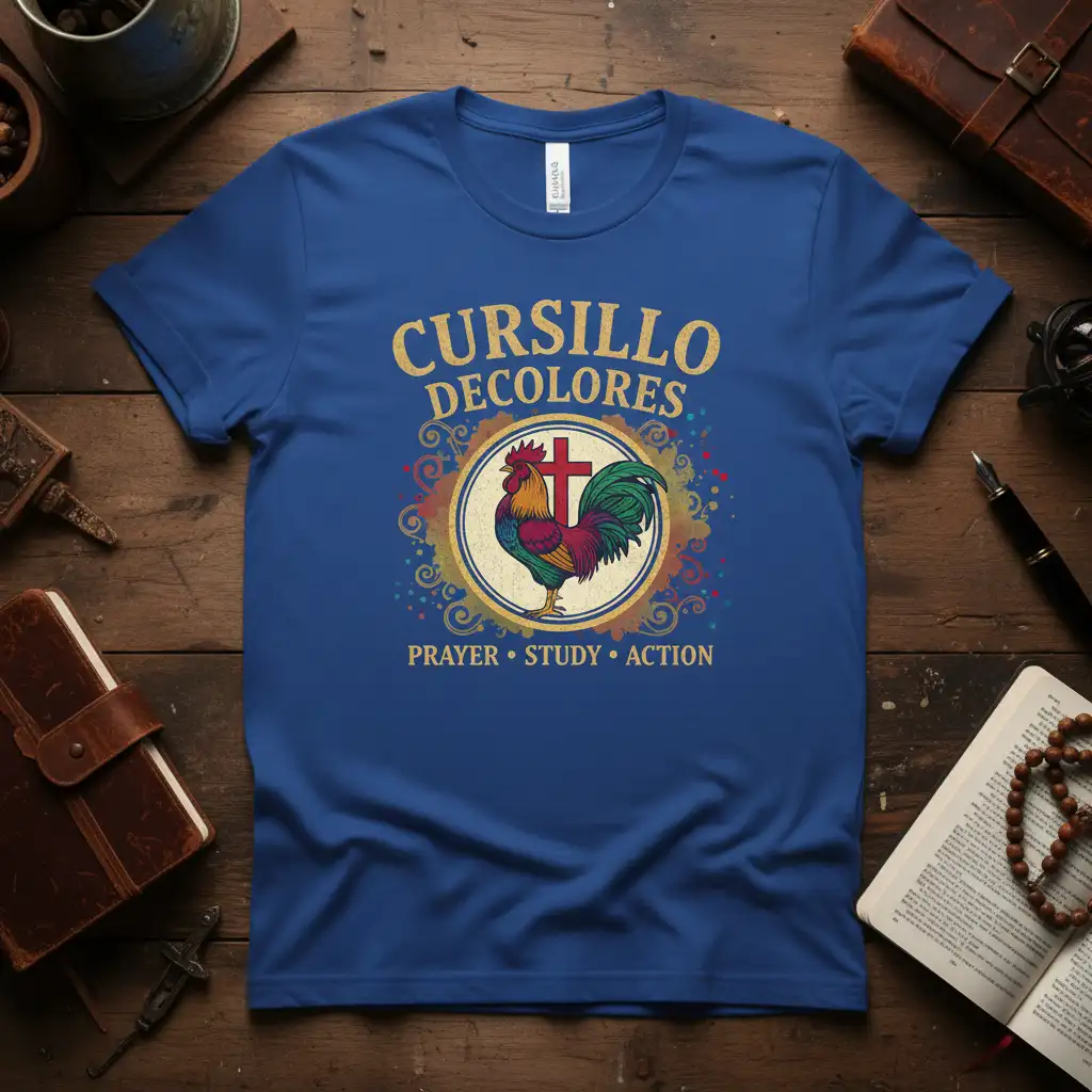 CURSILLO DECOLORES PRAYER STUDY ACTION unique artwork printed on quality cotton blend creating a standout t-shirt