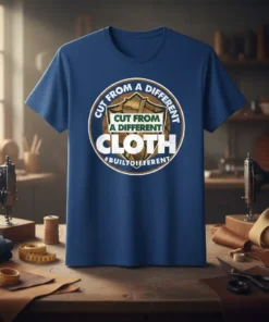 T-shirt with "Cut From A Different Cloth #BuiltDifferent" text inside a circular emblem, featuring shield graphic