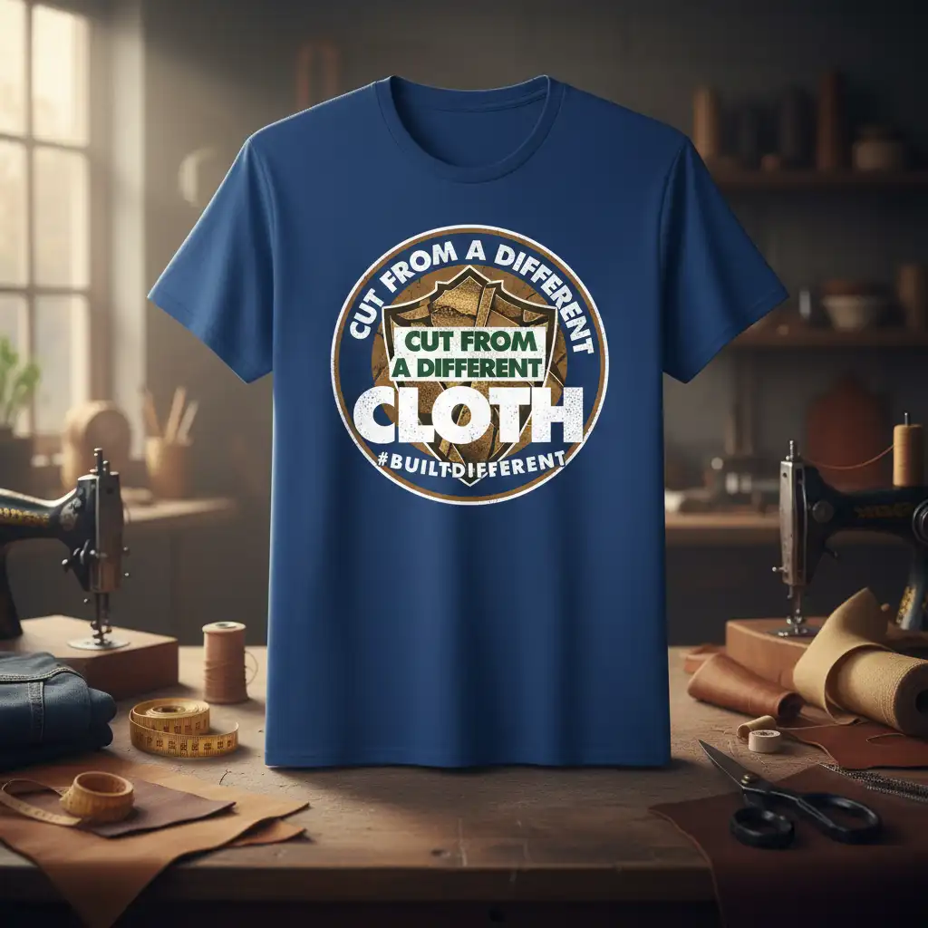 Cut From A Different Cloth #BuiltDifferent quote on a t-shirt with a circular emblem and shield graphic