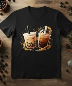 Two smiling boba tea cups with tapioca pearls and swirling liquid, Cute Boba Tea Cups design
