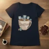 Cute Coffee Owls T-Shirt design featuring a distressed coffee mug with several cartoon owls sitting on the rim and around