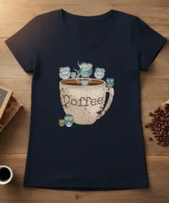 Cute Coffee Owls T-Shirt design featuring a distressed coffee mug with several cartoon owls sitting on the rim and around