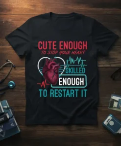 Cute Enough To Stop Your Heart Skilled Enough To Restart It t-shirt with anatomical heart graphic and EKG line
