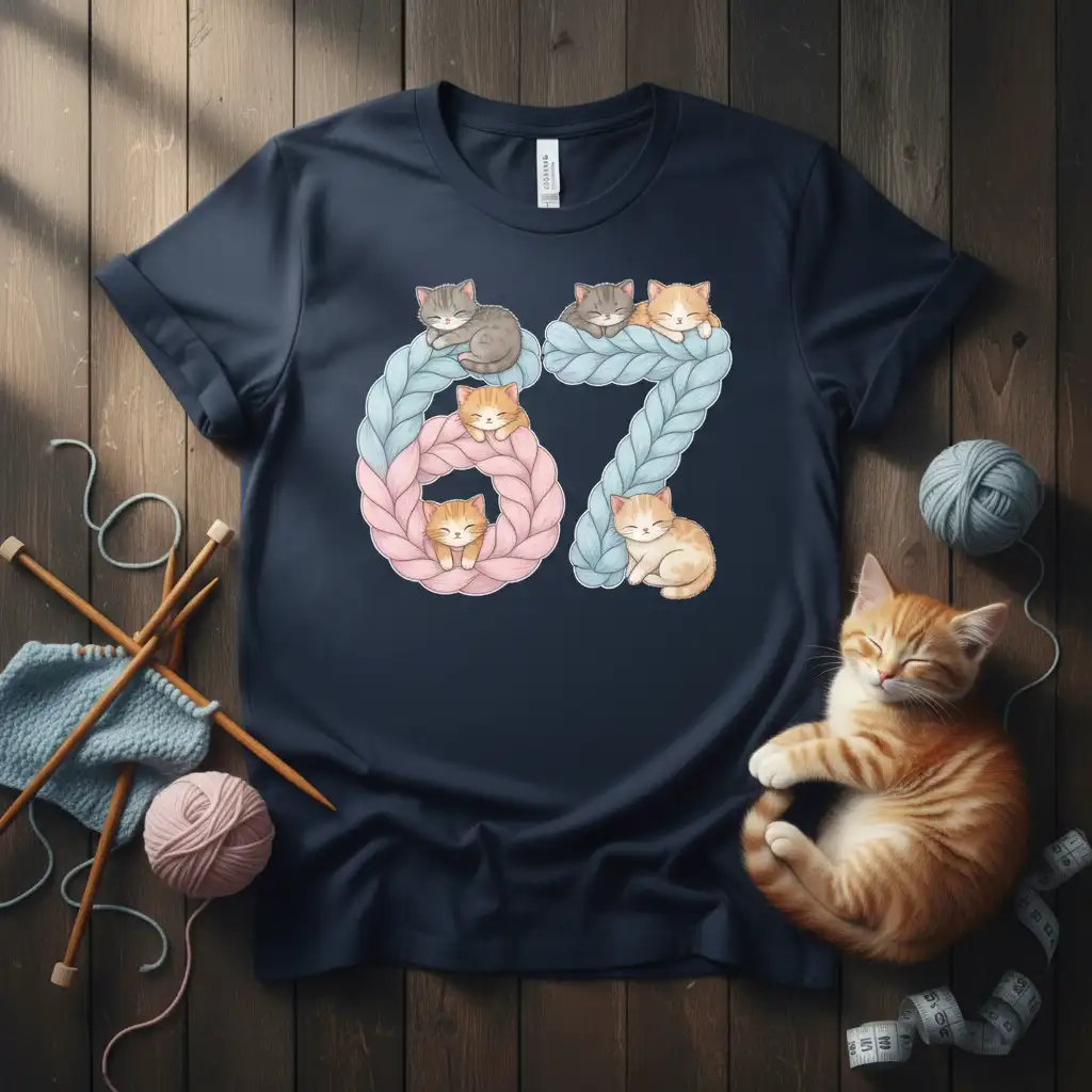 Number 67 design with cute kittens nestled in knitted yarn, perfect for cat and knitting enthusiasts