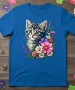 Cute Kitten Flowers eye-catching graphic design printed on comfortable cotton t-shirt