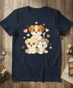 Cute Puppy Stack T-Shirt featuring three adorable puppies piled on top of each other with pink hearts, perfect for dog