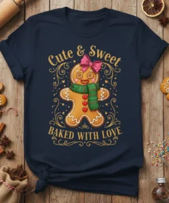 Cute & Sweet BAKED WITH LOVE gingerbread man t-shirt with pink bow and green scarf