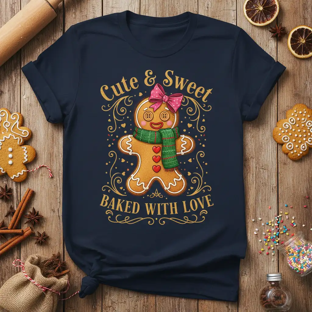 Cute & Sweet BAKED WITH LOVE gingerbread graphic tee with festive swirls and hearts