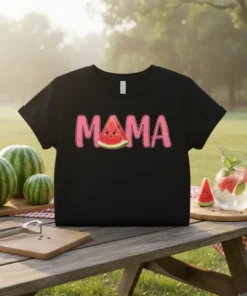 Black t-shirt with the word "MAMA" in pink bubble letters and a cute smiling watermelon slice graphic