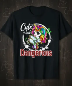 Cute but Dangerous unicorn wearing a karate gi performing a kick, rainbow hair, white circle graphic, black t-shirt