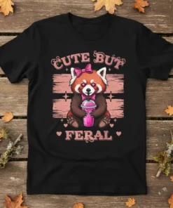 Cute But Feral red panda t-shirt design with pink accents and a stylized drink, featuring the text "CUTE BUT FERAL"