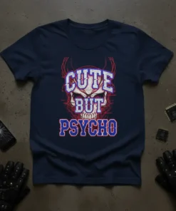 Cute But Psycho t-shirt design with a white and red skull graphic and devil horns