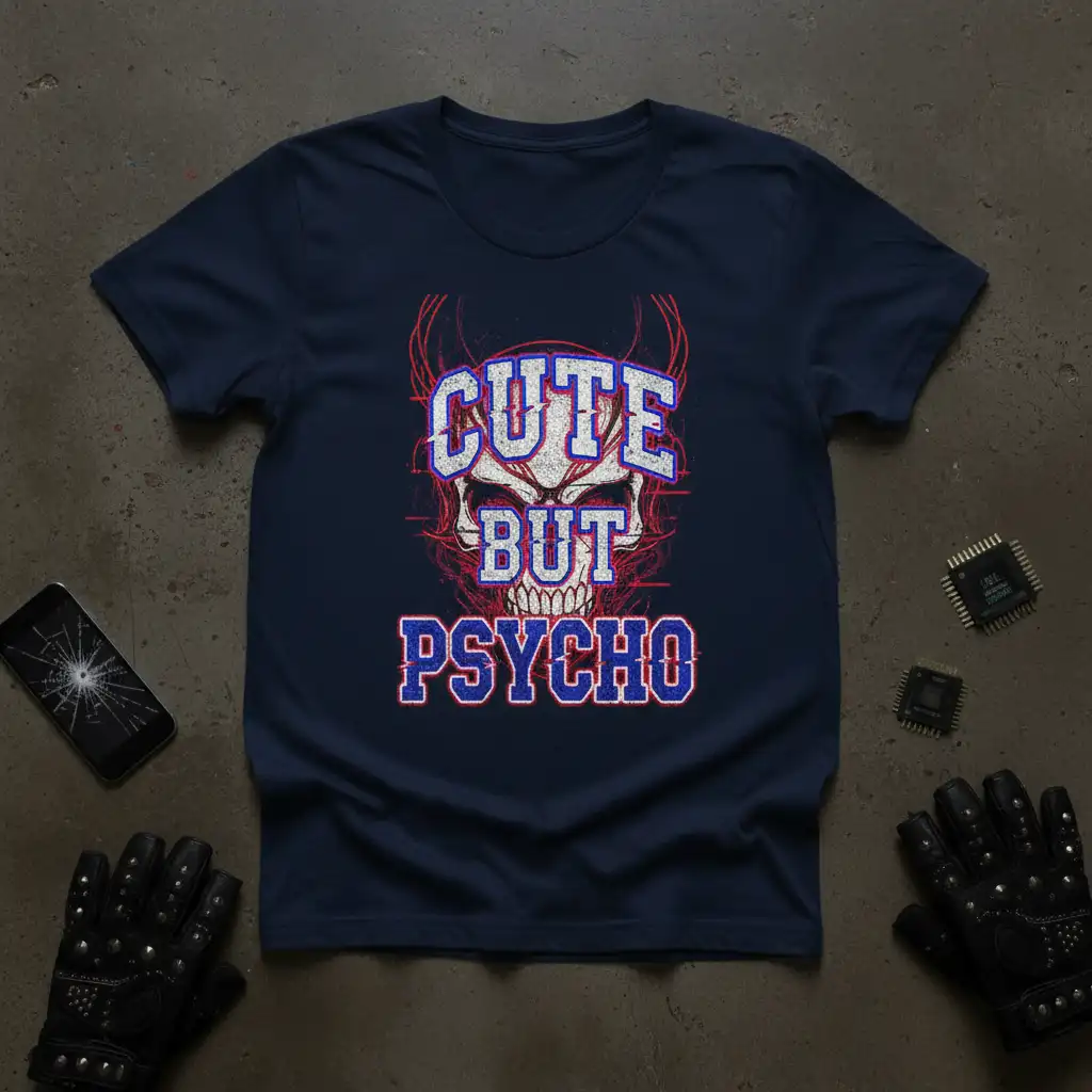 CUTE BUT PSYCHO quote with a distressed skull and devil horns graphic on a navy blue t-shirt