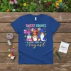 Cutest Gnomes Are Born In August text with three cute gnomes holding balloons on a royal blue t-shirt