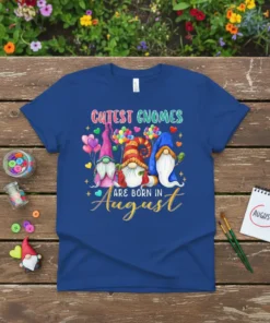 Cutest Gnomes Are Born In August text with three cute gnomes holding balloons on a royal blue t-shirt