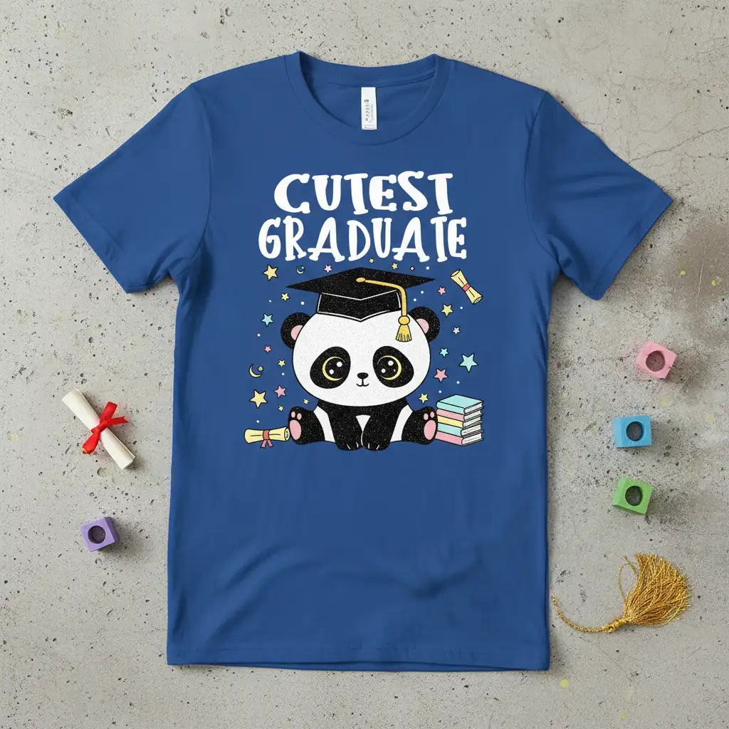 Cutest Graduate text design with a charming panda wearing a graduation cap, surrounded by celebratory elements