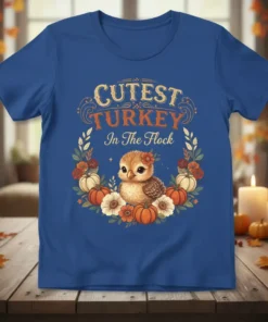 Cutest Turkey In The Flock t-shirt design featuring a baby turkey, pumpkins, and fall flowers in a wreath