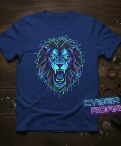 Cyber Roar T-Shirt featuring a neon, geometric lion head graphic with digital circuit patterns