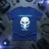 Cybernetic Guardian Protocol 7 t-shirt featuring a white and blue futuristic mask with glowing eyes and tech text