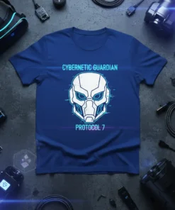 Cybernetic Guardian Protocol 7 t-shirt featuring a white and blue futuristic mask with glowing eyes and tech text