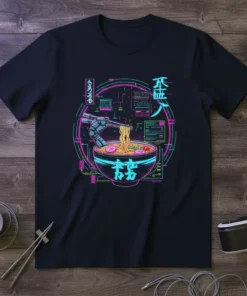 Cyberpunk ramen bowl with robot arm and Japanese text "もふもふ 忍者 芳" on a dark t-shirt