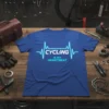 Cycling Is My Heartbeat t-shirt design with neon blue heartbeat graphic and text