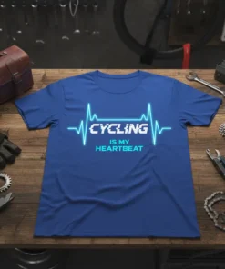 Cycling Is My Heartbeat t-shirt design with neon blue heartbeat graphic and text